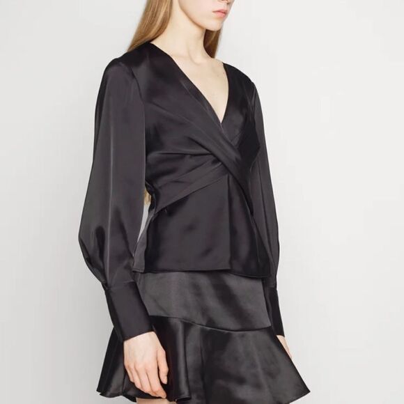 STAUD Madison Blouson Satin Sleeve Top Black US 8 NEW MSRP $295